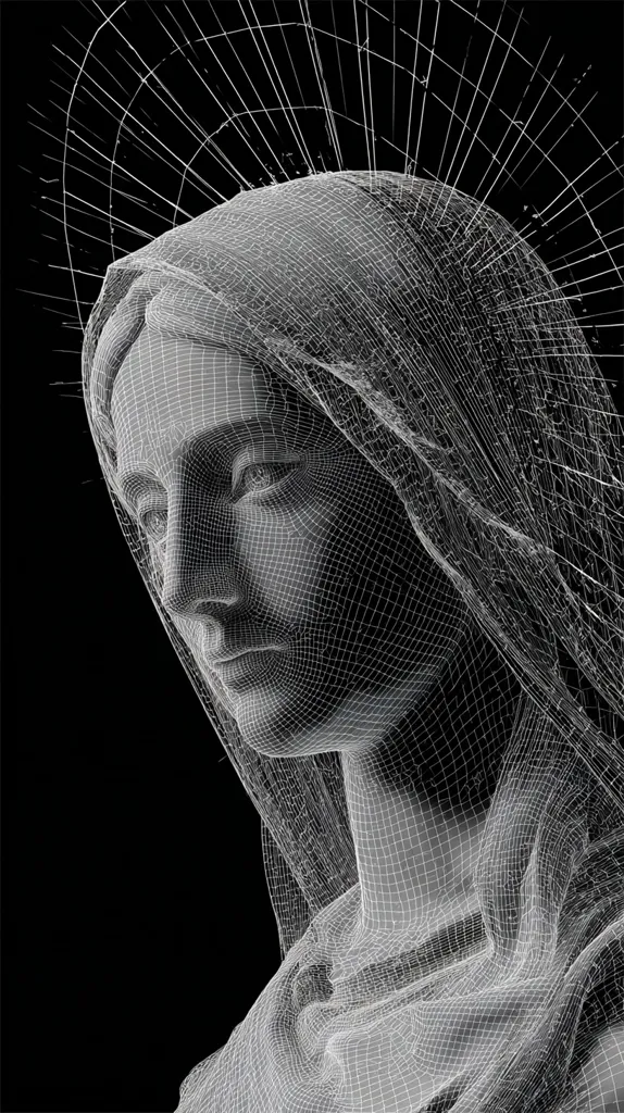 A wireframe rendering of the Virgin Mary, depicted from the chest up.  Her head is veiled, and a radiating halo is visible behind her.  The wireframe style reveals the underlying structure of the 3D model, showcasing the intricate details of the sculpture's form and drapery. The image is stark against a black background.
