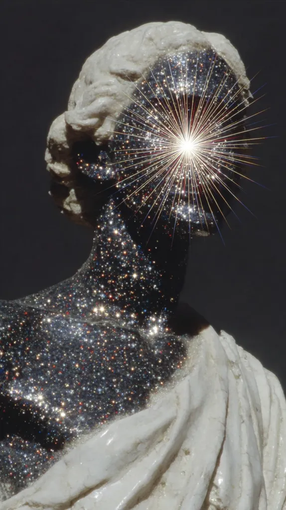 A classical bust is adorned with glittering, cosmic dust, transforming the serene sculpture into a celestial being.  A radiant burst of light emanates from the face, replacing features with a dazzling spectacle of stars. The juxtaposition of ancient form and modern, ethereal elements creates a captivating image of cosmic beauty and timeless artistry.