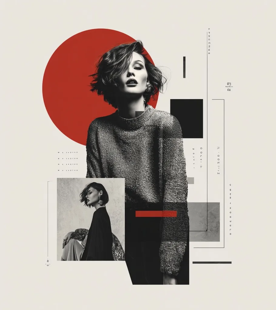 A stylish monochrome collage features a central image of a woman with short, textured hair wearing a knit sweater.  Geometric shapes in red, black, and grey are layered around her, creating a modern, abstract composition. A smaller inset shows a similar woman in a different pose. The overall effect is sleek and fashion-forward, suggesting a contemporary magazine spread or advertising campaign.