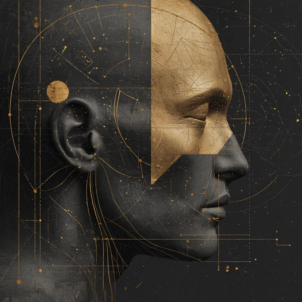 A digital artwork depicts a stylized human head in profile view.  Half of the face is rendered in black with a textured, almost metallic, appearance, while the other half is gold.  Thin gold lines overlay the image, resembling a network or constellation.  The background is dark, enhancing the contrast and creating a mysterious and artistic effect.
