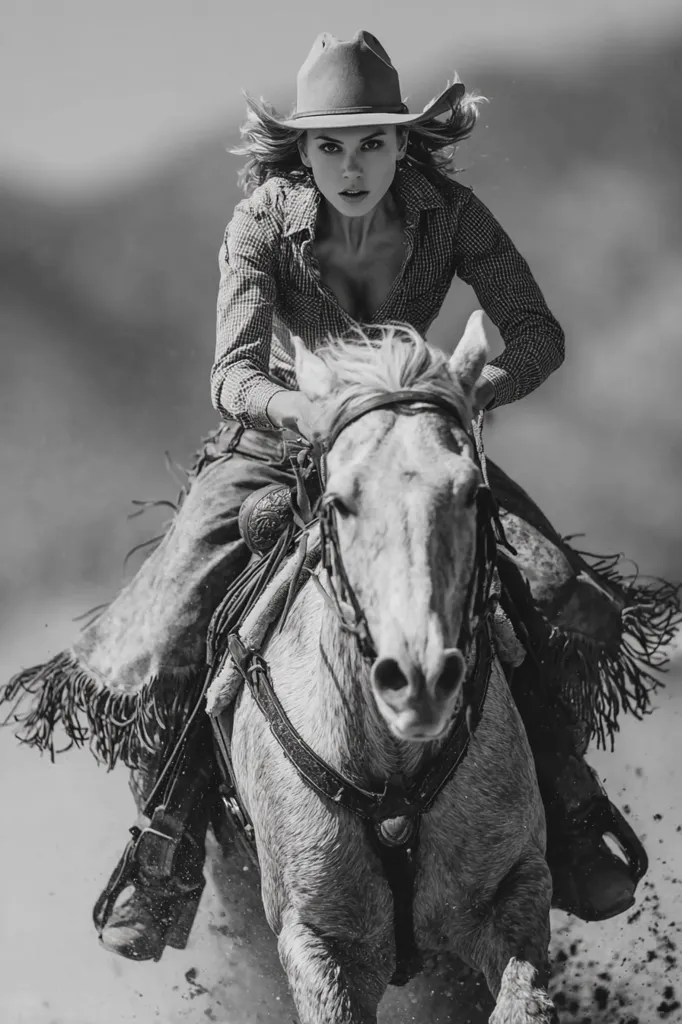 A black and white image captures a cowgirl in a cowboy hat, intensely focused as she rides her horse at a fast pace.  The dust flies around them, emphasizing the speed and energy of the scene.  The cowgirl's attire is classic western wear, and her determined expression adds to the overall dramatic effect of the photograph.