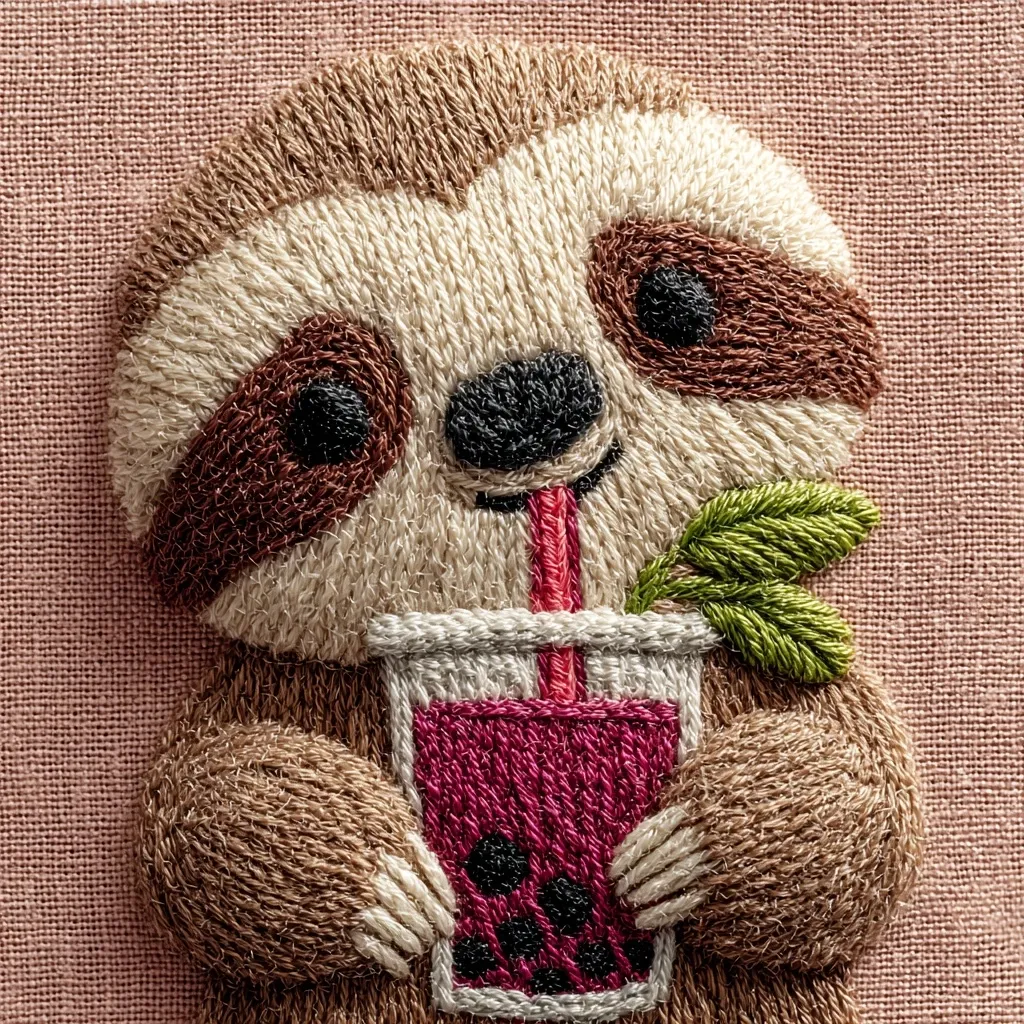 A meticulously embroidered sloth, rendered in shades of brown and beige, is depicted enjoying a cup of bubble tea.  The sloth's features are delicately stitched, and it holds the drink with its tiny hands, a sprig of mint adorning the cup. The artwork is set against a pale pink linen background, enhancing its charming and intricate detail.