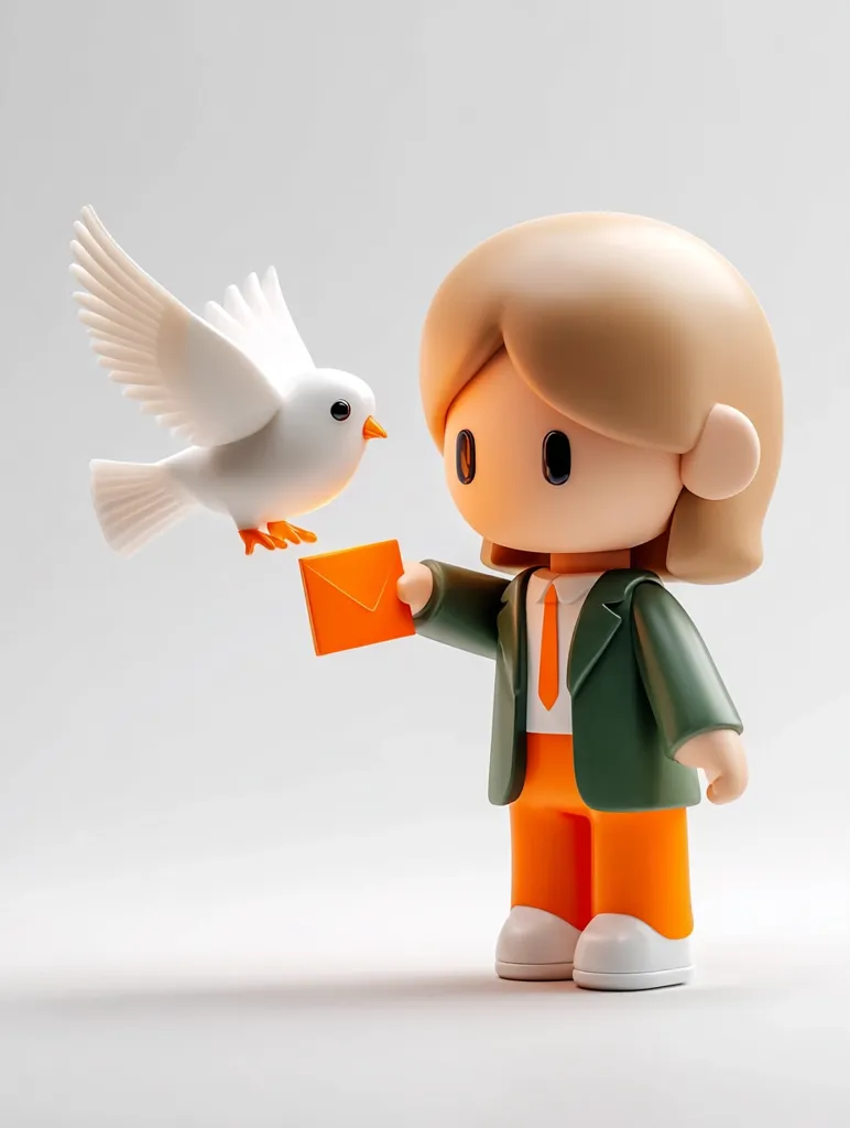 A 3D-rendered illustration shows a stylized cartoon boy with short brown hair, wearing an olive green jacket and orange pants, holding an orange envelope.  A white dove flies nearby, suggesting a message delivery.  The overall style is cute and charming, with a clean, minimalist background. The scene evokes a sense of innocence and perhaps a message of peace.
