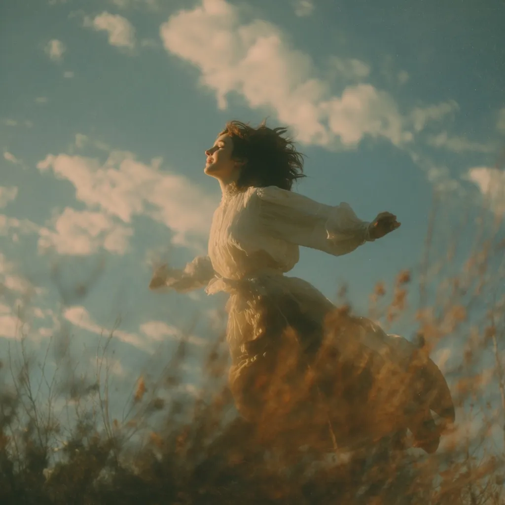 A young woman, dressed in a flowing, cream-colored antique dress, runs through a field of tall, dry grass under a vast, dreamy sky.  The sun backlights her, creating a hazy, ethereal effect. Her face is turned upward, expressing joy and freedom. The overall mood is one of serene, whimsical beauty.