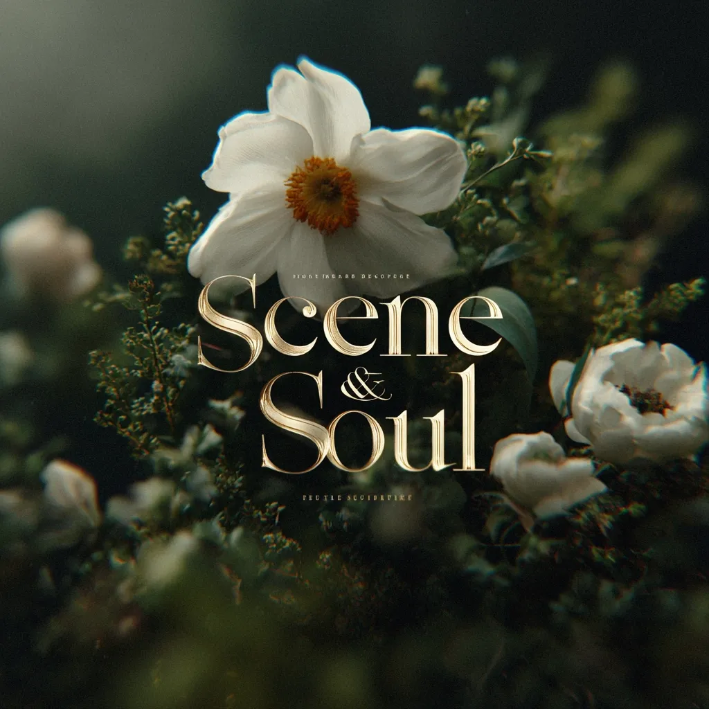 A close-up shot of delicate white flowers nestled amongst lush green foliage.  The words "Scene & Soul" are elegantly displayed in a gold, serif typeface, superimposed on the image.  The overall aesthetic is moody and romantic, suggestive of a high-end design or branding. The background is dark and out of focus, drawing attention to the blossoms and text.