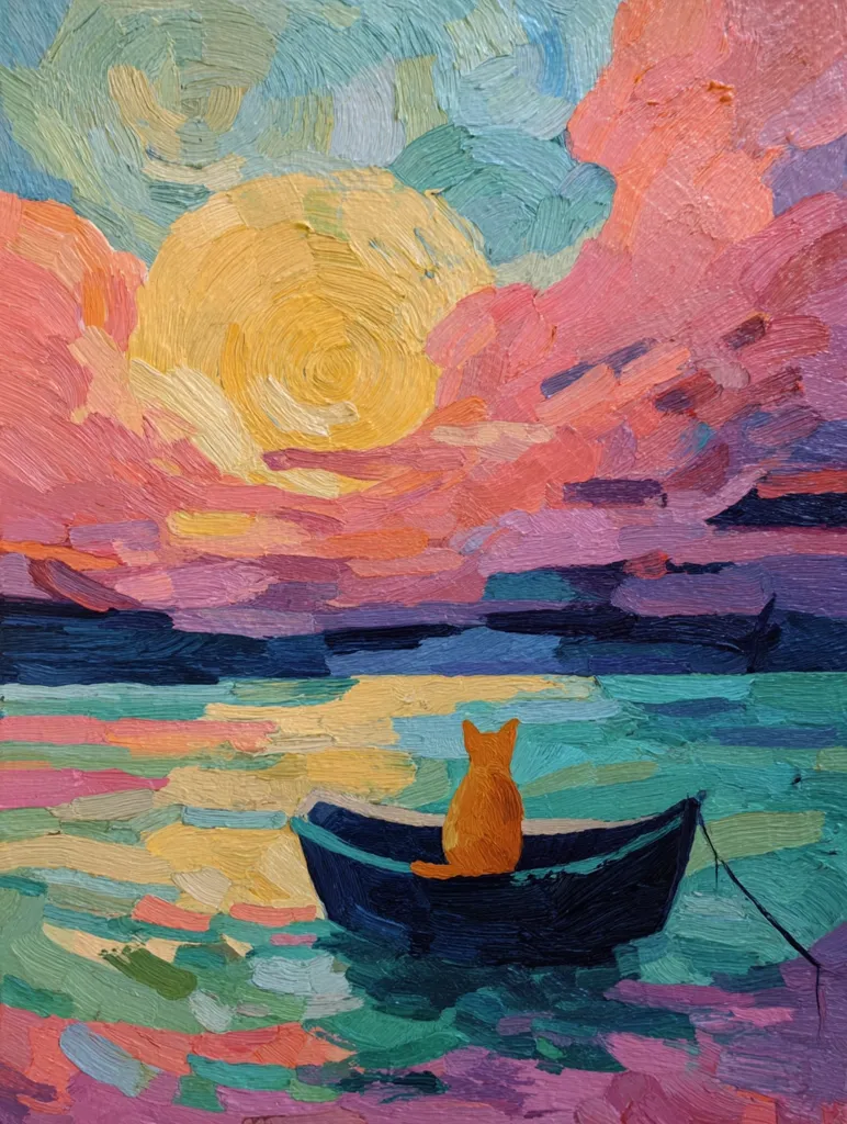An orange cat sits serenely in a small, dark boat on calm water, facing a vibrant sunset.  The sky is a palette of pinks, oranges, and blues, rendered in thick, textured brushstrokes. The sun, a large yellow circle, is partially obscured by the clouds. The overall impression is one of peaceful solitude and the beauty of nature.