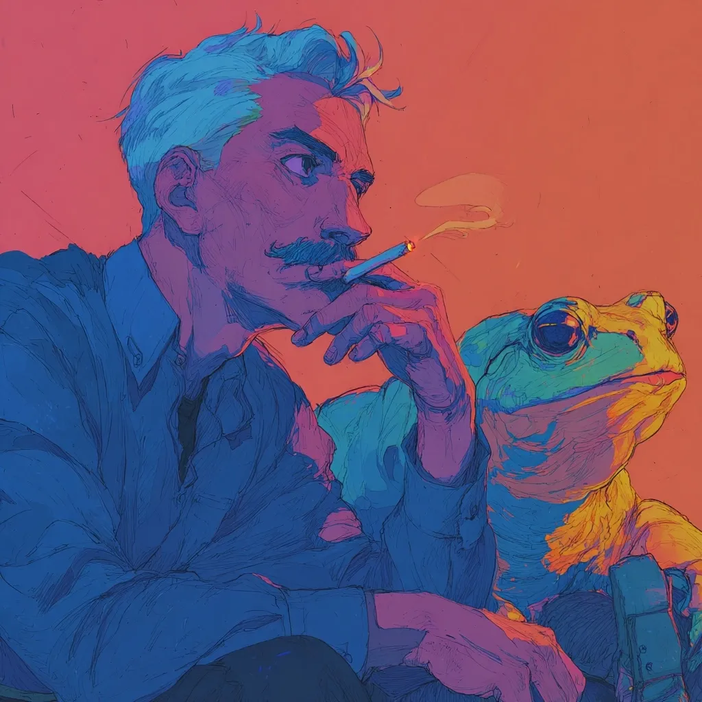 A stylized portrait depicts a man with light blue hair and a mustache, smoking a cigarette. He's dressed in a dark blue jacket.  Beside him sits a large, vibrant frog, rendered in shades of teal and orange.  The overall color palette is warm, with contrasting cool tones on the figures against a reddish-orange background. The artistic style is expressive and slightly sketchy.