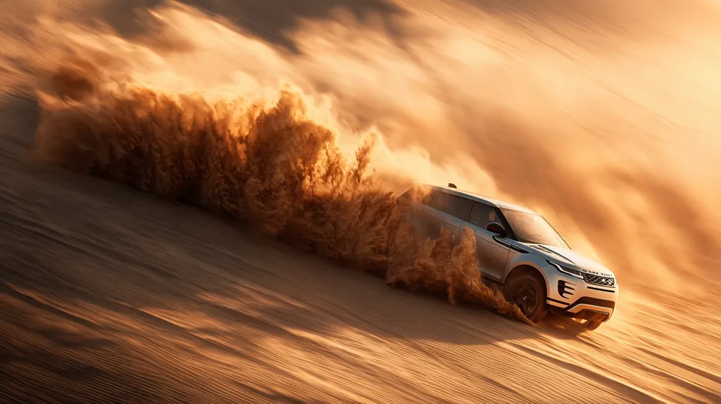 A silver Land Rover Range Rover Evoque powers through a sandy dune, kicking up a massive cloud of dust.  The SUV is captured mid-action, showcasing its off-road capabilities.  The sun casts a warm glow on the scene, highlighting the texture of the sand and the dynamic movement of the vehicle. The image evokes a sense of adventure and the thrill of desert driving.