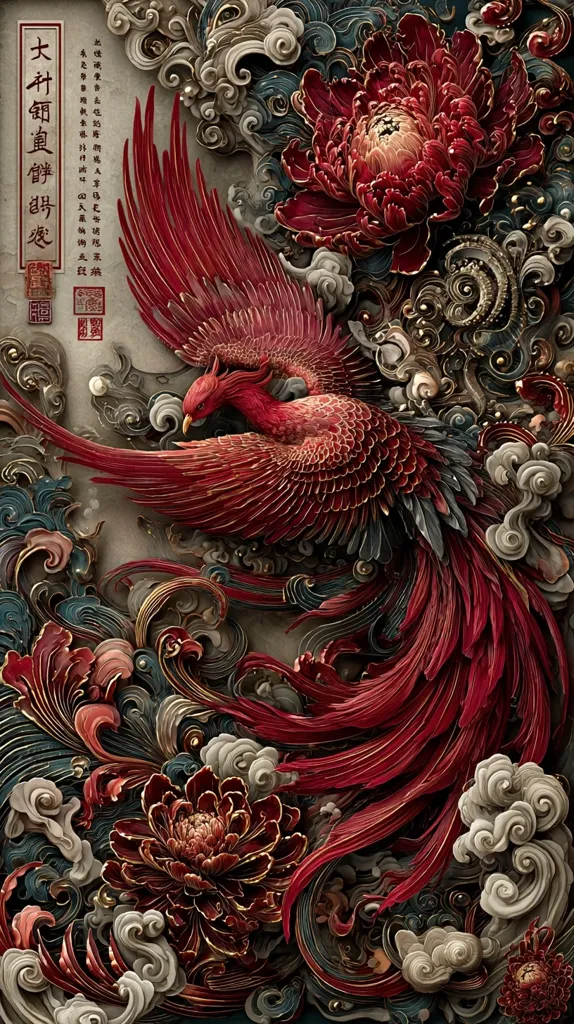 A breathtaking digital artwork depicts a phoenix in rich, red hues, intricately detailed with flowing feathers.  Surrounding the phoenix are ornate, three-dimensional chrysanthemum blossoms and swirling clouds, all rendered in a style reminiscent of traditional Asian art and relief carving.  The color palette is predominantly deep reds, golds, and muted grays, creating a luxurious and dramatic effect.  The image suggests depth and texture, resembling a highly detailed bas-relief sculpture.