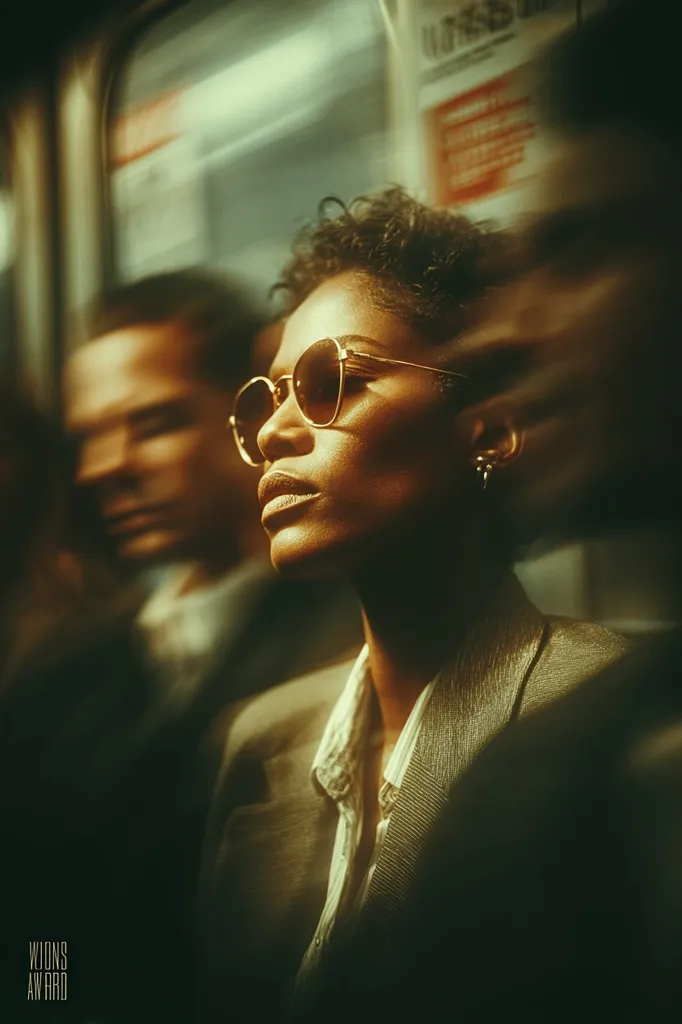 A young woman with short, dark hair and gold-rimmed sunglasses sits on a public transit vehicle.  The image is dimly lit, with a warm, golden tone.  She's dressed in a light-colored blazer and shirt, gazing pensively out the window.  A blurred figure sits beside her, adding to the atmosphere of urban travel.  The overall mood is contemplative and slightly melancholic.