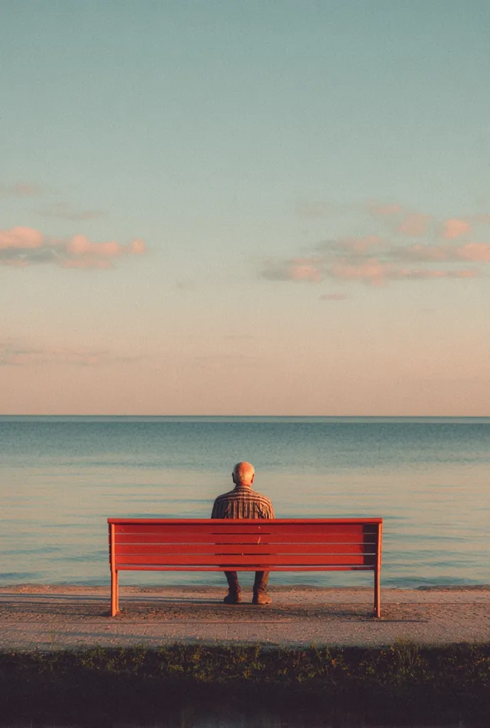 A solitary elderly man sits on a vibrant red bench overlooking a tranquil sea.  The calm water stretches to the horizon under a pale, pastel sky.  The scene evokes a sense of peace and quiet contemplation, capturing the serenity of the late afternoon or early evening light. The overall mood is peaceful and reflective.
