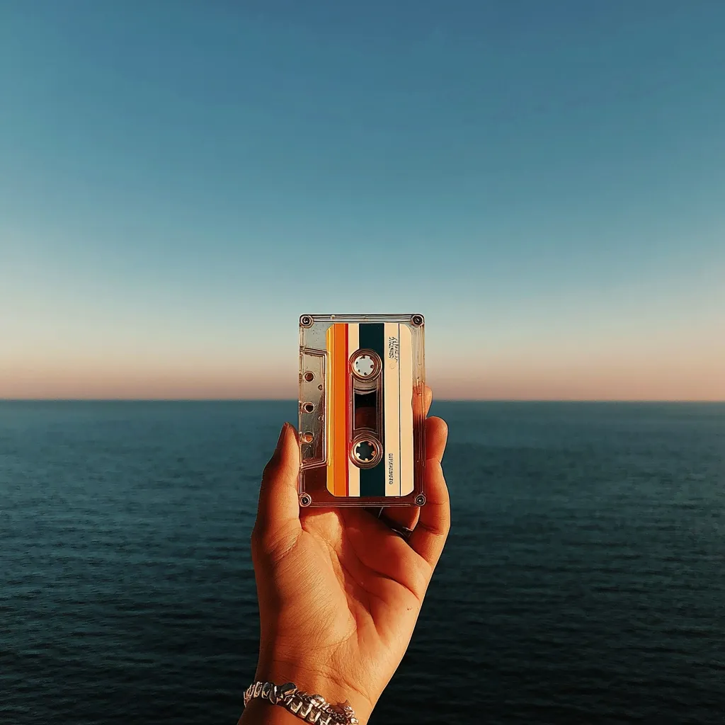 A hand holds a vintage cassette tape against a serene backdrop of a calm ocean under a sunset sky. The clear plastic cassette reveals orange and yellow stripes on the label. The image evokes a nostalgic feeling of simpler times, blending the retro technology of the tape with the tranquil beauty of nature.  The setting sun casts a warm glow on the scene.