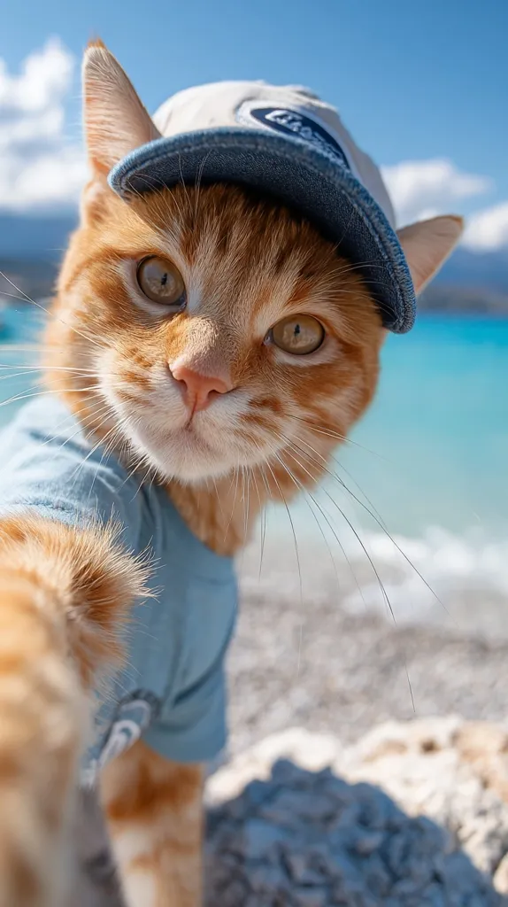 A ginger cat, wearing a blue denim baseball cap and light blue shirt, takes a selfie.  Its bright eyes and curious expression are captivating. The background features a sunny beach with turquoise water, enhancing the playful summer vibe. The cat's paw is extended towards the camera, creating a close and friendly perspective.