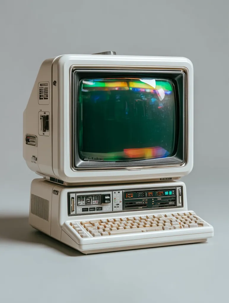 A vintage off-white desktop computer sits on a gray surface.  The all-in-one design features a large CRT monitor on top of a keyboard and integrated system unit.  The screen displays a colorful, slightly blurry image, hinting at retro gaming or early computer graphics. The computer's design reflects the technological aesthetic of the 1980s.