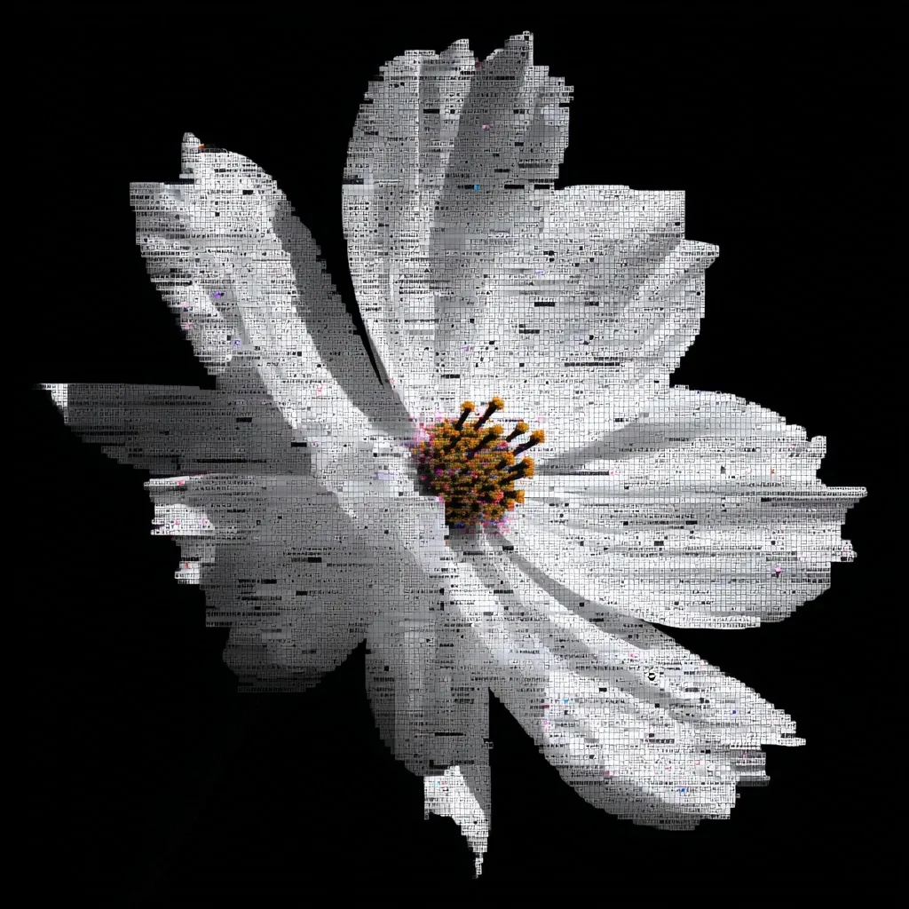 A striking monochrome image showcases a cosmos flower rendered in a unique pixelated style.  The petals, composed of tiny squares mimicking text, create a textured, almost newspaper-like effect against a stark black background. The flower's center is highlighted with subtle color, providing a focal point amidst the grayscale petals. The overall effect is a digital artwork blending nature and technology.