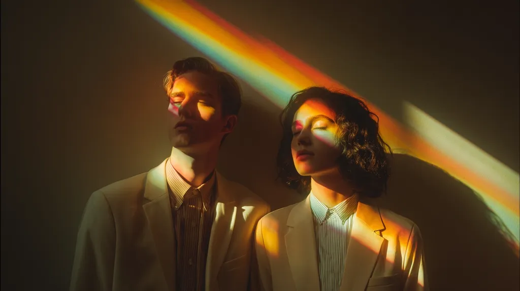 A young man and woman stand close, bathed in the vibrant hues of a projected rainbow.  They are dressed in light beige suits, their eyes closed, seemingly lost in the ethereal light. The image evokes a sense of calm and dreamlike beauty, the rainbow acting as a dramatic and colorful backdrop.  The overall mood is serene and slightly mysterious.