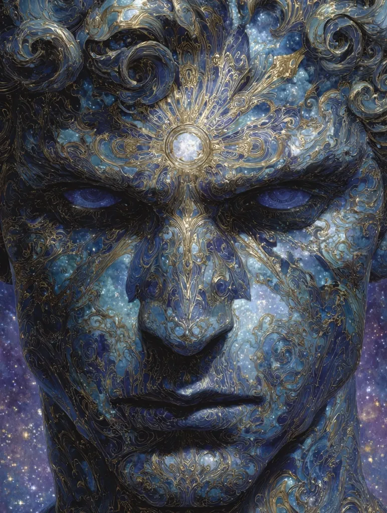 A detailed close-up of a sculpted male face, seemingly crafted from a deep blue and gold material resembling lapis lazuli. Intricate gold filigree patterns adorn the surface, mimicking celestial swirls and constellations.  A central, radiant light source is visible on the forehead, adding to the ethereal, cosmic feel. The overall impression is one of divine, otherworldly beauty and power.