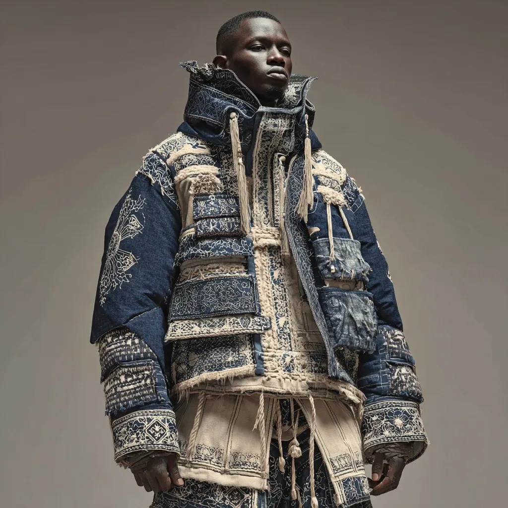 A dark-skinned male model showcases an intricately designed jacket. The outerwear is a patchwork of denim and off-white fabric, heavily embroidered with complex patterns.  The style blends traditional stitching techniques with a modern, layered aesthetic.  The jacket features a large hood and multiple pockets, creating a unique and visually striking ensemble.  The overall impression is one of high-fashion artistry and craftsmanship.