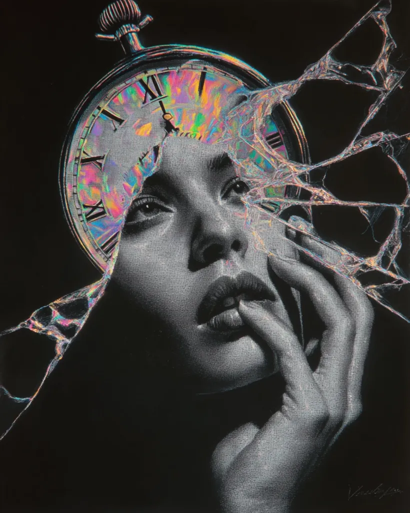 A monochromatic portrait of a woman's face is overlaid with a shattered pocket watch, its iridescent fragments creating a surreal, fractured effect.  The woman's expression is pensive, her finger gently touching her lip. The dark background contrasts sharply with the grayscale portrait and the vibrant colors of the broken timepiece, suggesting themes of time, fragility, and introspection.