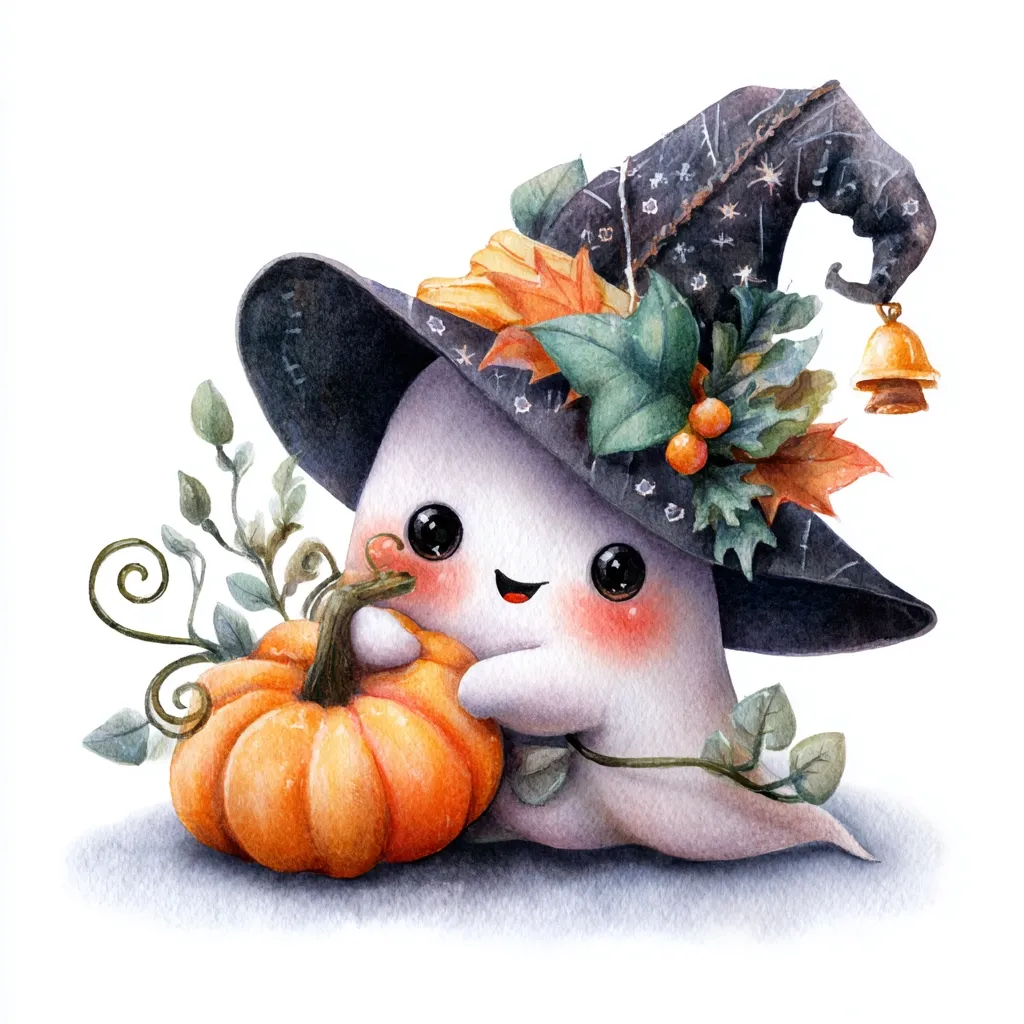 A cute watercolor illustration of a friendly ghost dressed as a witch for Halloween.  The ghost wears a dark, pointed hat adorned with autumn leaves and berries, and a small bell. It holds a miniature pumpkin, adding to the festive Halloween theme. The ghost's large eyes and cheerful expression convey a sense of whimsy and delight.