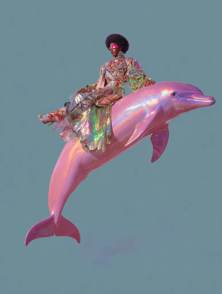 A striking image showcases a woman with an afro hairstyle and pink eyewear, adorned in a shimmering, iridescent gown. She sits majestically atop a vibrant pink dolphin, seemingly leaping through the air against a muted teal backdrop.  The overall aesthetic is surreal and stylish, blending fashion with fantastical elements.