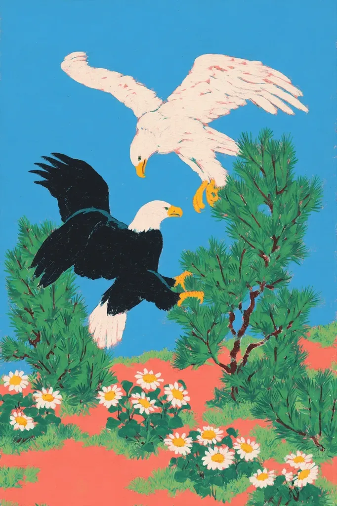 A vibrant artwork depicts two eagles interacting amidst a stylized landscape. One eagle is predominantly black with white accents, while the other is a pale, almost white, with hints of pink. They appear to be near a small, bright green pine tree, set against a coral-colored ground dotted with white daisies. The background is a vivid blue sky, enhancing the artwork's bold, contrasting colors. The style is reminiscent of folk art or children's book illustration, with simplified forms and flat, saturated colors.