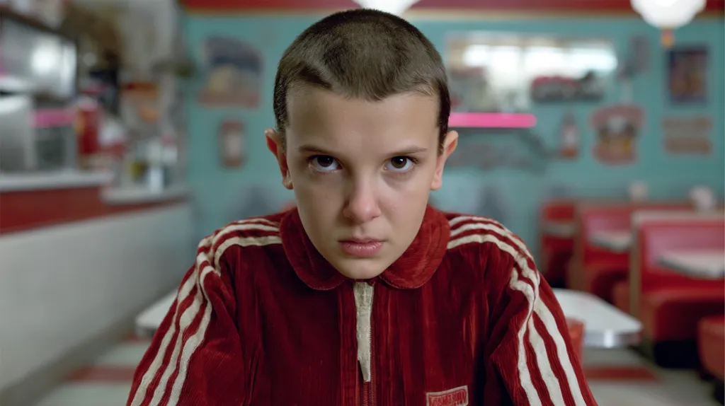 Eleven, the young protagonist from Stranger Things, is captured in a close-up shot.  She sports a short, buzzed haircut and a serious expression.  Her attire consists of a maroon Adidas tracksuit with cream-colored stripes down the sleeves, adding a retro touch. The background features a blurred diner setting, complete with red booths and a teal wall, creating a nostalgic atmosphere. Her intense gaze directly confronts the viewer.