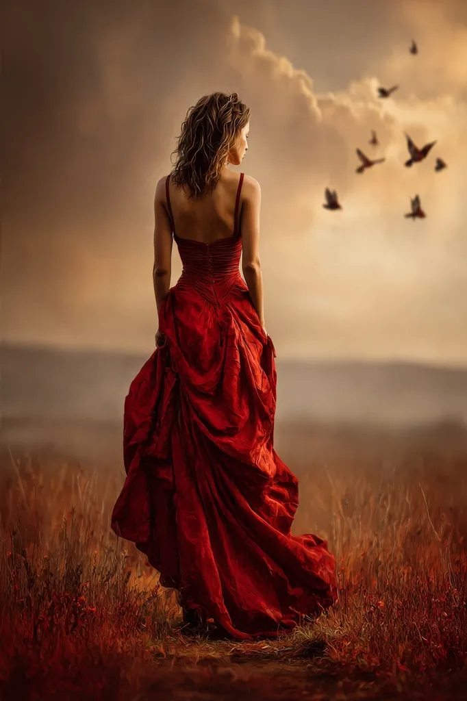 A woman in a flowing red gown walks away from the viewer, her back turned.  Birds fly across a muted sunset sky in the background. The scene is evocative and romantic, with the woman's dress billowing gently in an unseen breeze.  The setting appears to be a field of tall grasses, under a dramatic sky. The overall mood is one of wistful solitude.