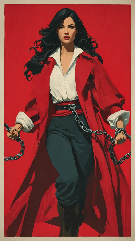 A stylized portrait of a woman with long dark hair, wearing a red coat and dark pants. She holds a heavy chain in each hand, her expression serious and determined.  The vibrant red background contrasts with her dark clothing and creates a bold, dramatic image. The overall style suggests a character from a fantasy or historical fiction setting.