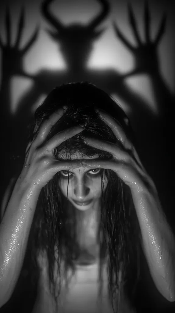 A black and white image portrays a young woman with long, wet hair, her hands covering her face.  She appears distressed, her expression obscured. Behind her, a shadowy figure resembling a horned demon is projected onto the wall, adding to the unsettling and eerie atmosphere.  The contrast between the woman and the shadow creates a sense of fear and vulnerability.