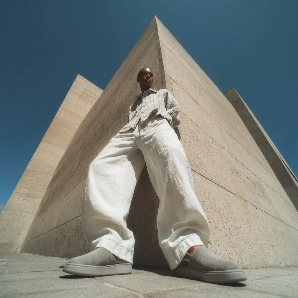 A young man, clad in loose-fitting, light beige linen pants and a striped shirt, leans against a large, light beige concrete structure. The architectural backdrop forms a dramatic, angular setting under a clear blue sky.  The low-angle shot emphasizes the building's imposing height and the man's relaxed posture, creating a striking visual contrast.  His light grey slip-on shoes complete the minimalist, summery look.