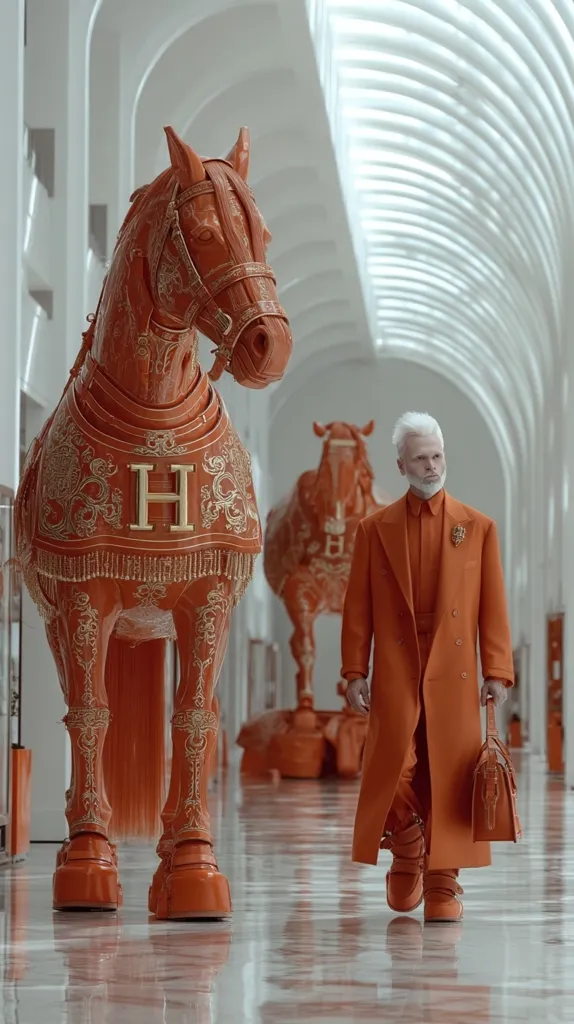 A stylish, older man with white hair walks down a pristine, white hallway. He's dressed in a vibrant orange coat and matching boots, carrying a similarly colored briefcase.  Two large, ornate orange horse statues, bearing a gold "H" emblem, flank him, creating a striking and surreal scene.  The overall aesthetic is modern and luxurious.