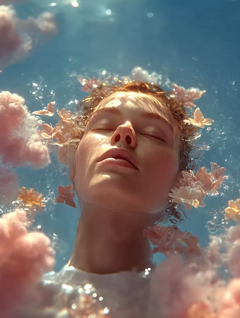 A serene underwater portrait of a person with eyes closed, surrounded by delicate pink flowers and soft, cloud-like formations.  Sunlight filters through the water, creating a dreamy, ethereal atmosphere.  The scene evokes a sense of peace and tranquility, suggesting a connection between nature and the individual. The overall aesthetic is soft, light, and visually captivating.