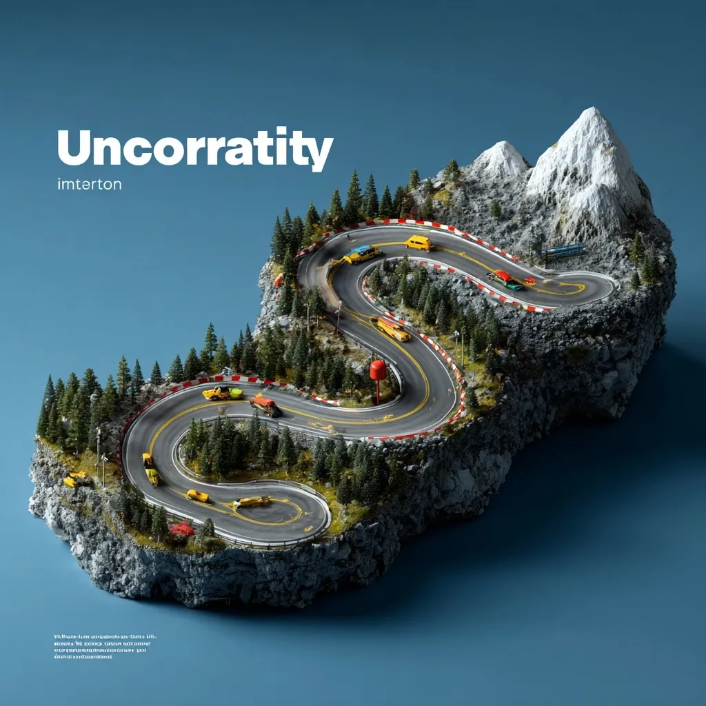 A 3D rendering showcases a miniature island mountain, complete with snow-capped peaks, evergreen trees, and a winding race track.  Colorful miniature cars traverse the track, which snakes its way around the island's terrain.  The title "Uncorratity" and the word "interton" are displayed prominently, suggesting a conceptual artwork exploring themes of unconventionality or innovation. The overall aesthetic is clean and visually striking.