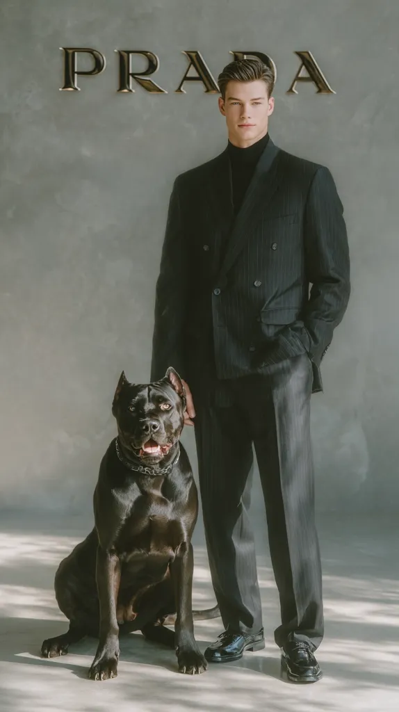 A stylish man in a dark pinstripe suit and turtleneck stands beside a large, black Cane Corso dog.  The Prada logo is visible on a grey wall behind them. The man's pose is confident, and his hand rests lightly on the dog's back. Both subject and animal are sharply in focus against a muted background, creating a sophisticated and subtly dramatic image.