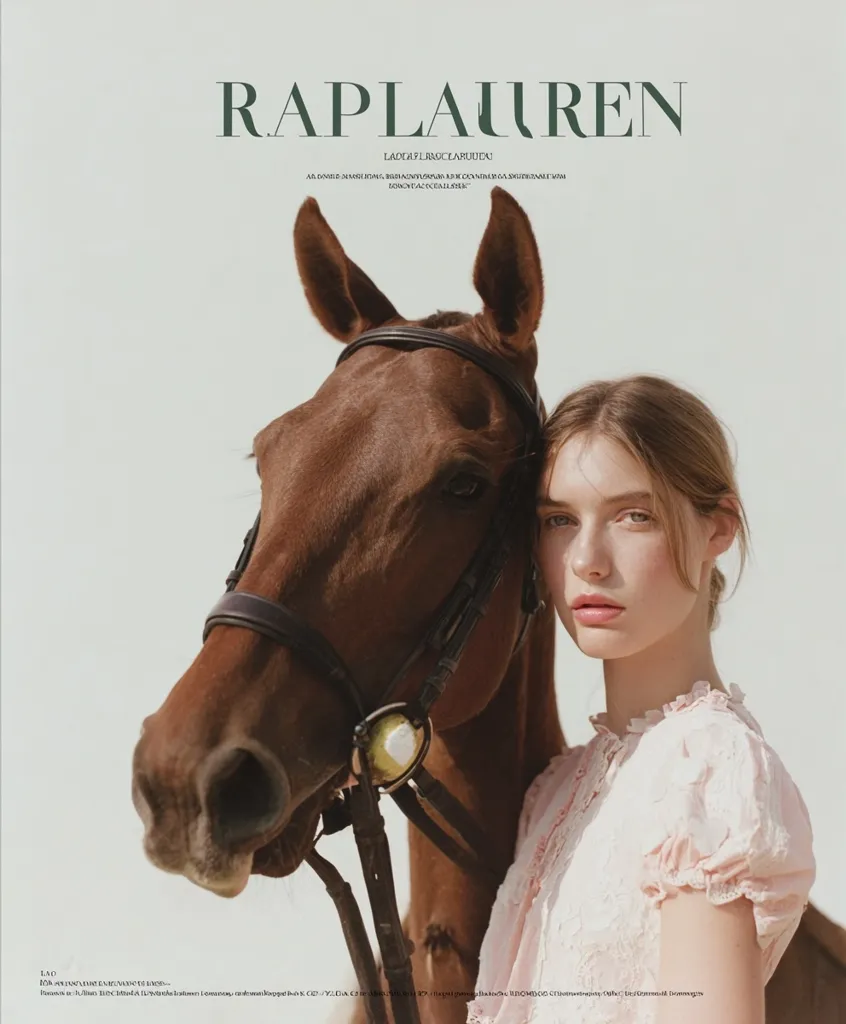 A fashion spread for Ralph Lauren features a young woman in a delicate pink dress, her face gently resting against a brown horse. The image is softly lit, creating a serene and elegant mood. The Ralph Lauren logo is prominently displayed at the top, emphasizing the brand's association with equestrian themes and classic style.  The overall aesthetic is sophisticated and timeless.