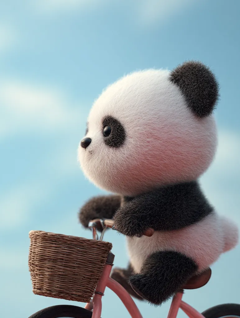 A fluffy, adorable panda cub sits on a small pink bicycle with a wicker basket.  The panda is facing right, looking towards a bright blue sky with wispy clouds. The scene is rendered in a 3D style, emphasizing the soft fur of the panda and the delicate details of the bicycle.  The overall impression is one of sweetness and charm.