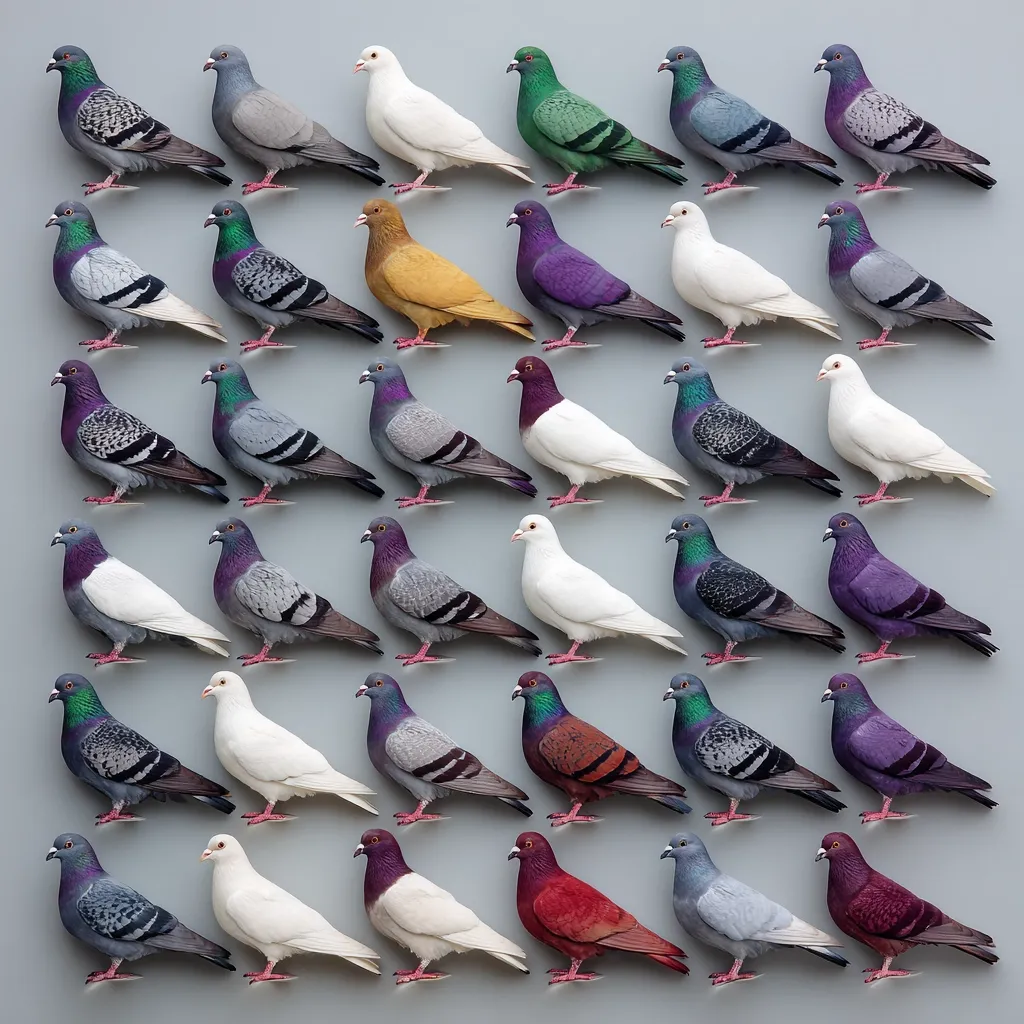 A grid of thirty-six pigeons displays a variety of plumage colors.  The birds are arranged in neat rows, showcasing shades of grey, white, purple, red, brown, and green, with a single golden pigeon as a central focal point.  The consistent pose and even spacing create a visually striking and symmetrical image against a plain grey background.