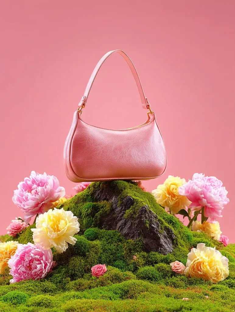 A pale pink handbag rests atop a miniature mossy hill adorned with vibrant pink and yellow peonies and roses.  The scene is set against a soft pink background, creating a whimsical and feminine aesthetic. The handbag's smooth texture contrasts beautifully with the lush greenery and delicate blossoms. The overall image is styled with a delicate and playful touch.