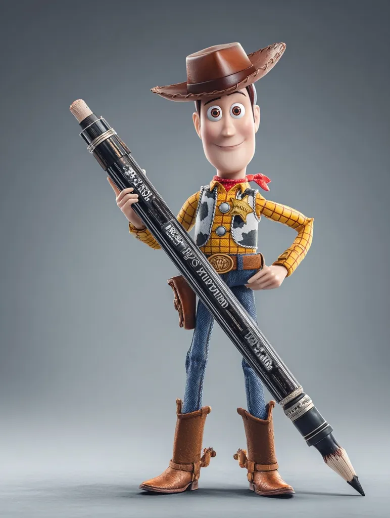 A highly detailed 3D rendering depicts Woody, the iconic Toy Story character, holding a large, ornate pencil.  He's dressed in his signature cowboy attire, and his expression is cheerful.  The pencil dominates the image, suggesting creativity and artistic expression. The background is a muted gray, emphasizing the figure and the oversized pencil.