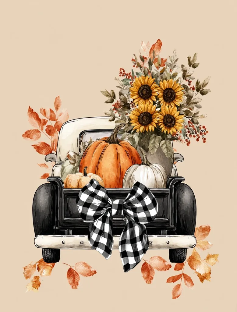 A vintage white truck bed is filled with pumpkins of varying sizes and a bouquet of sunflowers.  A large black and white checkered bow adorns the back.  Autumn leaves are scattered around the truck, creating a charming fall harvest scene. The overall style is watercolor, with soft color palettes and detailed illustrations.