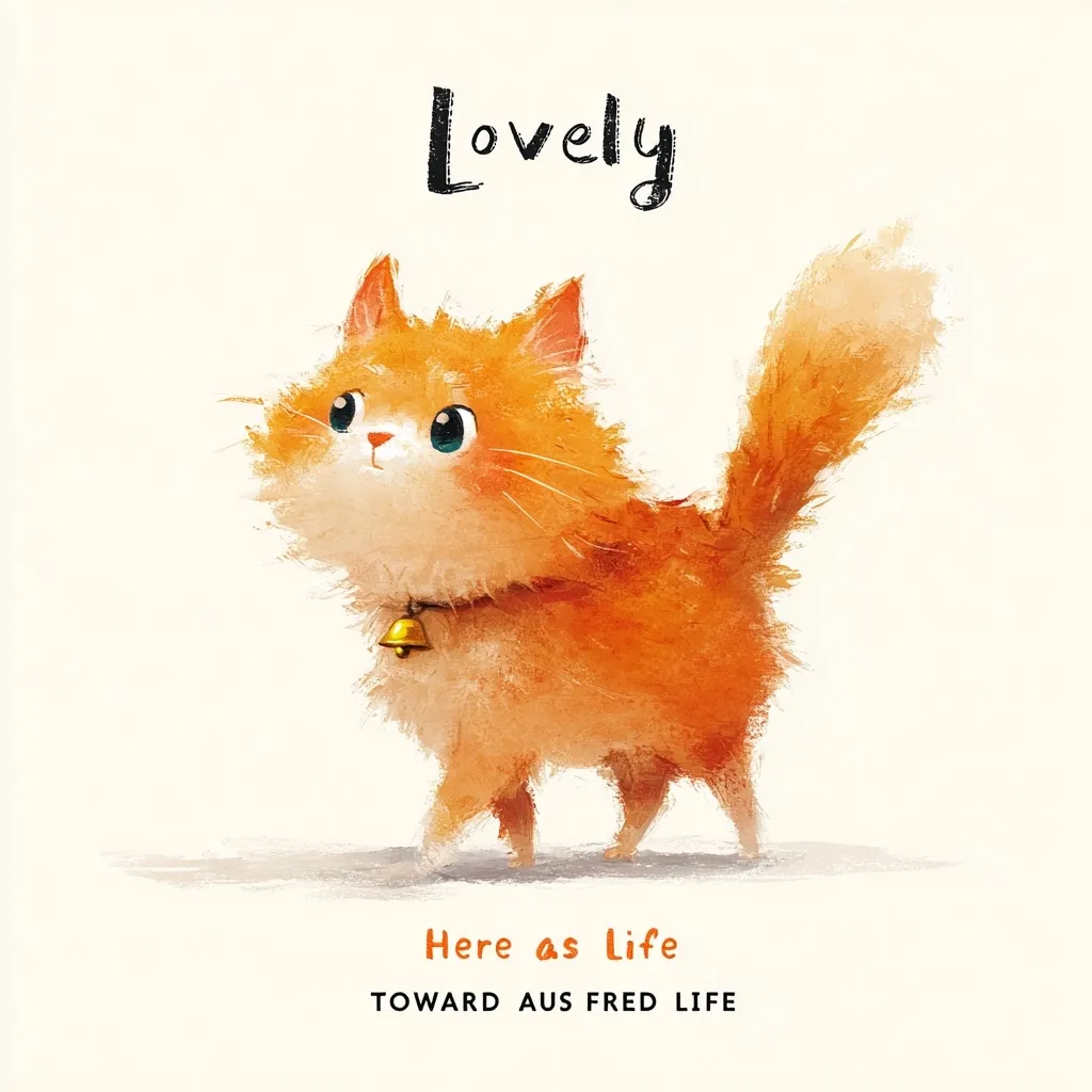 An adorable illustration features a fluffy orange kitten, labeled "Lovely," wearing a small bell collar.  The kitten is depicted in a painterly style with soft, watercolor-like textures. Below, the text "Here as Life" and "Toward Aus Fred Life" is subtly placed, suggesting a book cover or artwork for a children's story. The overall tone is warm and inviting.