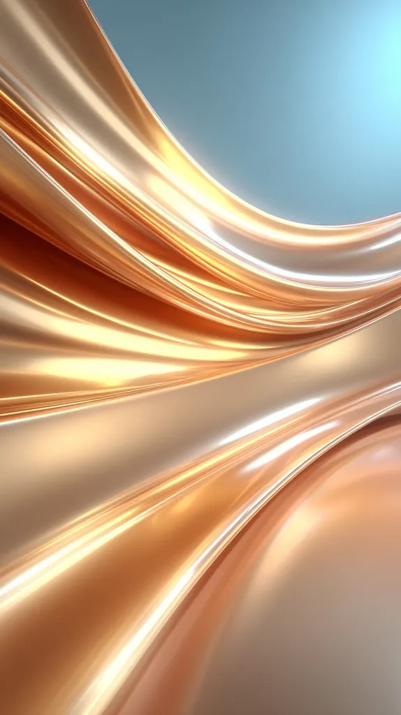 A digitally rendered image showcases a flowing, rose-gold fabric.  The material's lustrous surface reflects light, creating highlights and shadows that emphasize its smooth, curving form. The fabric gracefully undulates across the frame against a muted blue-gray background. The overall impression is one of elegance and luxury.