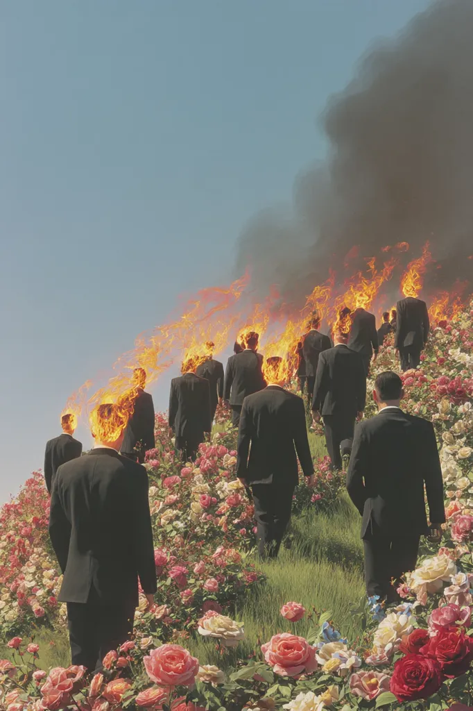A surreal image depicts a procession of figures in dark suits, their heads engulfed in flames, walking uphill through a vibrant rose garden.  A dark plume of smoke rises in the background, contrasting with the bright sky and cheerful flowers. The scene is unsettling yet strangely beautiful, blending elements of fire, death, and nature in a visually striking composition.