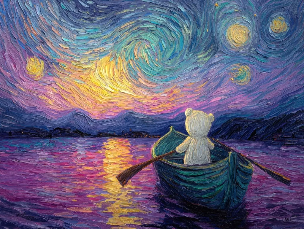 A whimsical painting in the style of Van Gogh depicts a white teddy bear sitting in a small teal boat on a calm, purple-hued lake.  The sky above is a swirling masterpiece of vibrant purples, yellows, and blues, reminiscent of a starry night. The bear rows the boat, serenely gazing at the sunset and the night sky filled with stars and moons. The thick impasto technique adds texture and depth to the dreamy scene.
