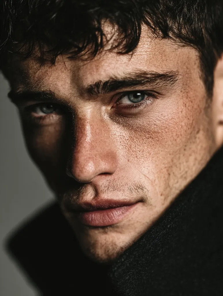 Close-up portrait of a young man with dark, short hair.  His face is partially shadowed, highlighting his intense blue eyes and strong jawline.  He has freckles and a hint of stubble. The man is wearing a dark, high-collared garment. The overall mood is serious and brooding.