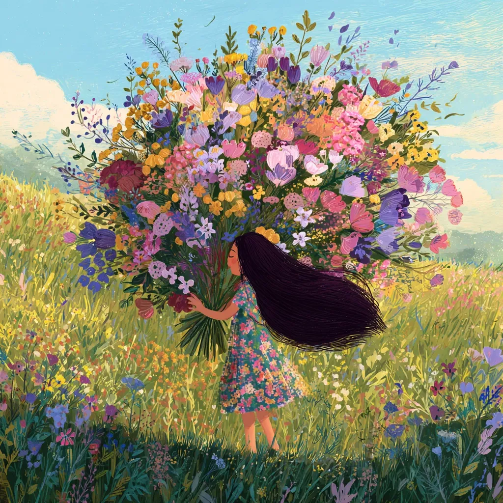 A young girl with long dark hair walks through a vibrant meadow, carrying a massive bouquet of wildflowers.  The flowers are a profusion of colors and textures, filling the majority of the image. The scene is idyllic and cheerful, conveying a sense of joy and the beauty of nature. The girl’s floral dress complements the surrounding blooms, creating a harmonious and whimsical illustration.