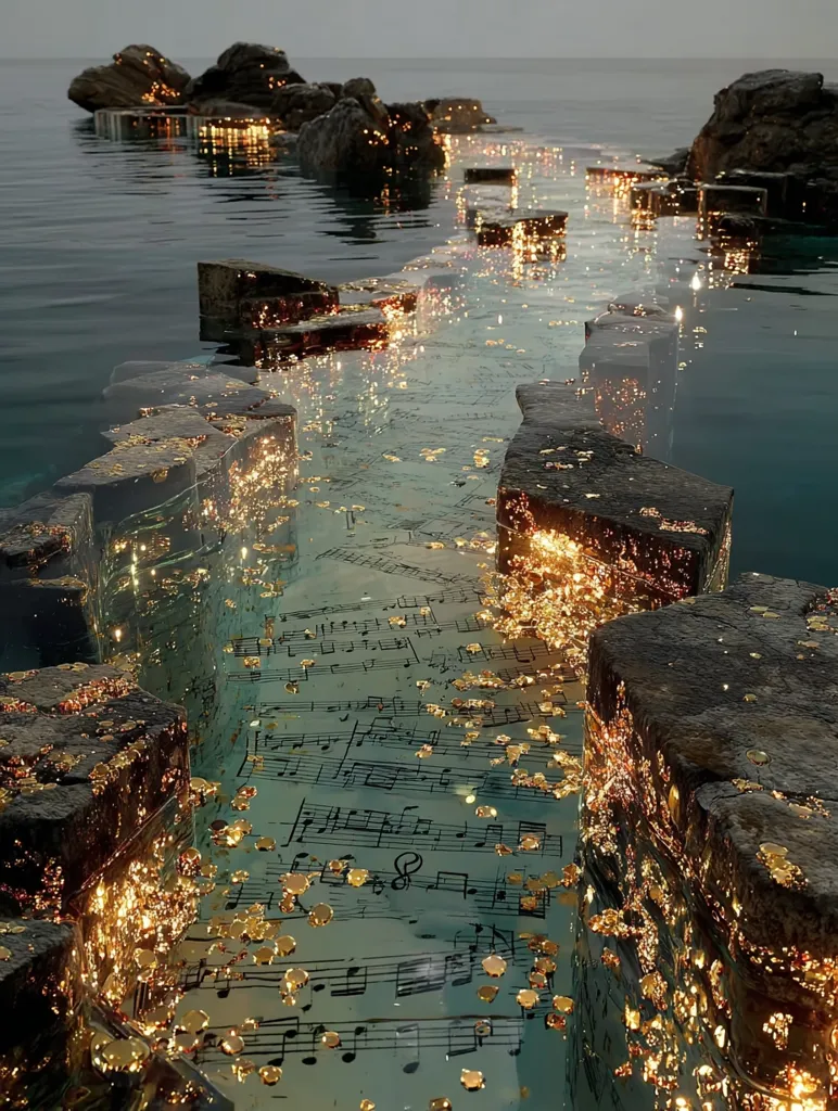 A tranquil scene unfolds where a path of translucent, submerged stones forms a pathway across calm water.  Sheets of music, adorned with glittering gold flecks, lie beneath the water's surface, visible through the clear stones.  Dark rocks border the path, creating a magical, ethereal atmosphere.  The overall impression is one of serene beauty and quiet enchantment.