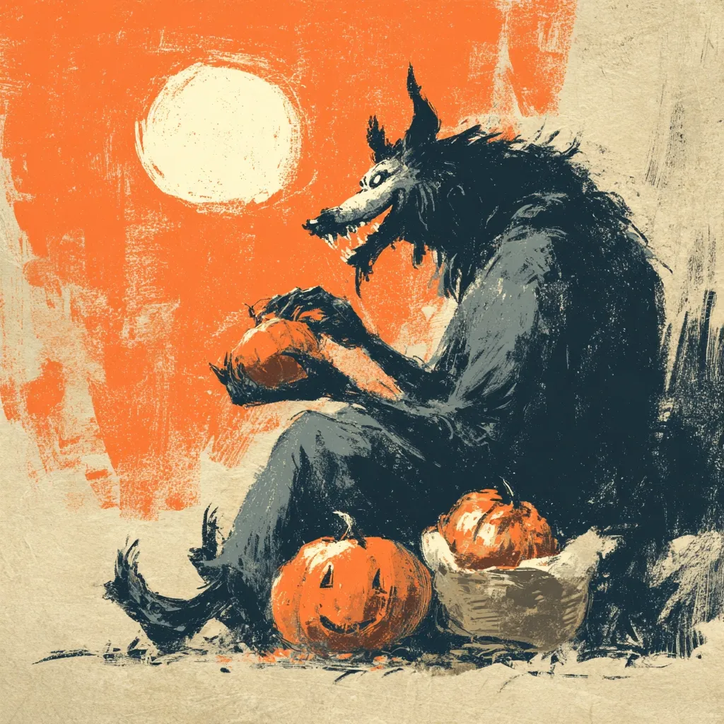 A werewolf, depicted in a grunge style painting, sits under an orange sky and full moon.  He holds and examines a carved pumpkin, with two more pumpkins at his feet. The overall aesthetic evokes a vintage Halloween feel, with a blend of dark and warm tones creating a slightly unsettling yet captivating image. The texture of the painting emphasizes the rough, rustic character of the scene.