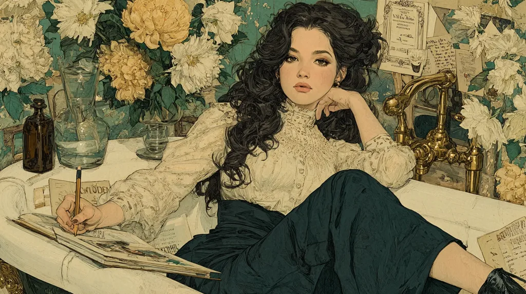 A young woman with long dark hair sits in a clawfoot bathtub, surrounded by flowers and vintage items.  She's dressed in a cream-colored blouse and dark trousers, and is writing in a notebook.  The scene is opulent and reminiscent of Art Nouveau style, with a muted color palette and detailed textures.  A gilded faucet and sheet music add to the luxurious, artistic atmosphere.